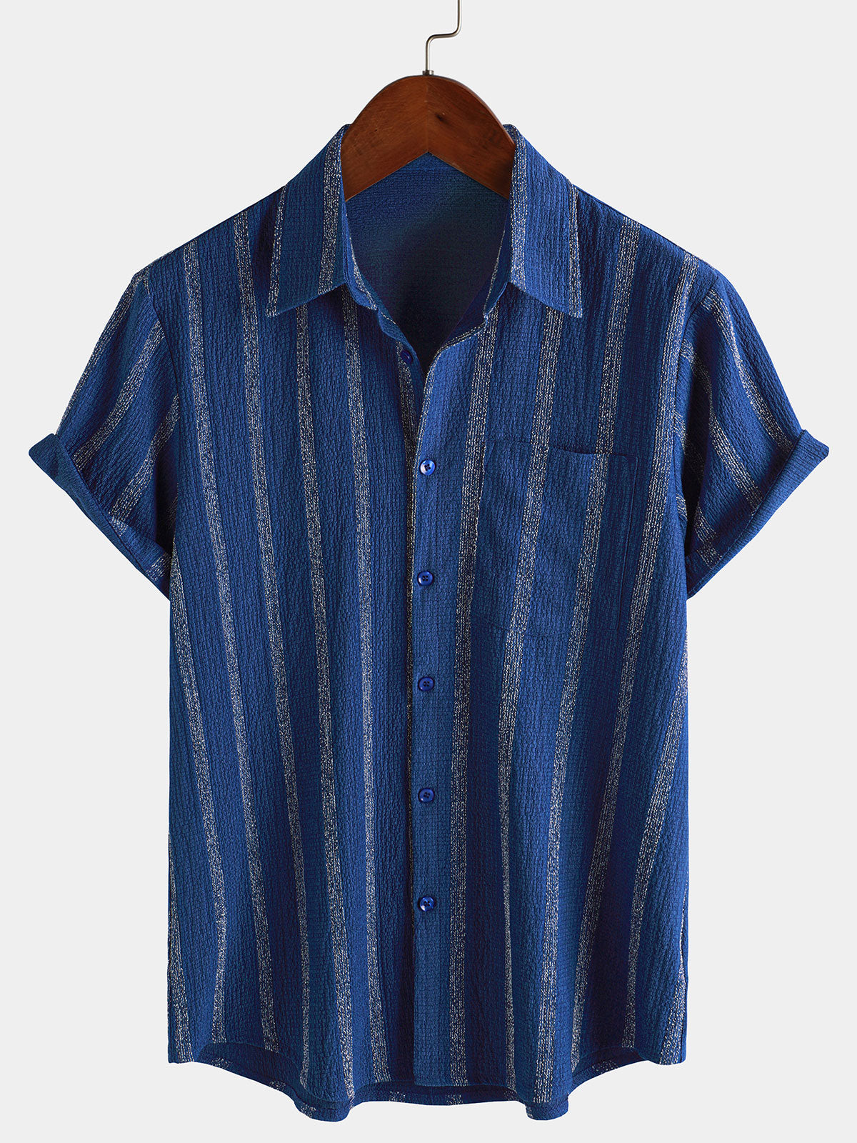 Men's Summer Striped Pocket Button Up Short Sleeve Hawaiian Shirt