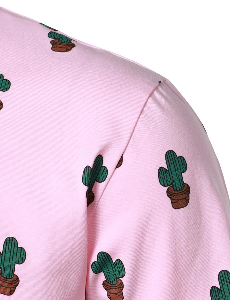 Men's Cactus Print Pink Cotton Holiday Sports Golf Short Sleeve Polo Shirt