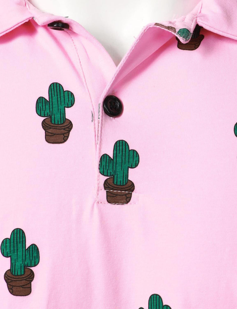Men's Cactus Print Pink Cotton Holiday Sports Golf Short Sleeve Polo Shirt