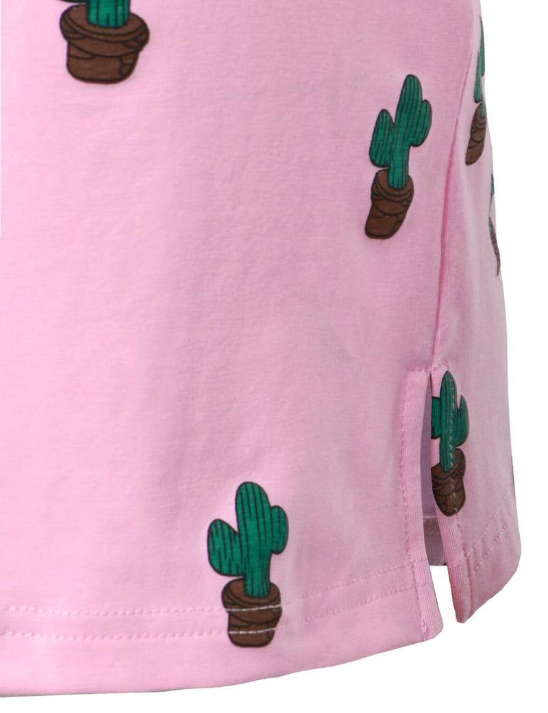 Men's Cactus Print Pink Cotton Holiday Sports Golf Short Sleeve Polo Shirt