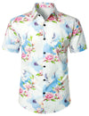 Men's Casual Pink Floral Crane Print Summer Button Up Short Sleeve Shirt