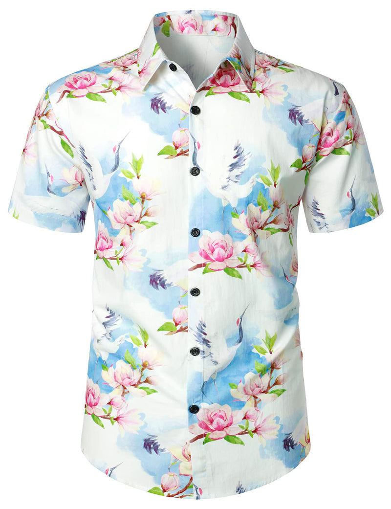 Men's Casual Pink Floral Crane Print Summer Button Up Short Sleeve Shirt