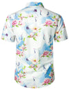Men's Casual Pink Floral Crane Print Summer Button Up Short Sleeve Shirt
