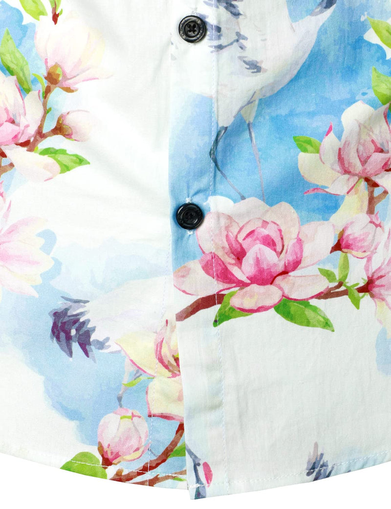 Men's Casual Pink Floral Crane Print Summer Button Up Short Sleeve Shirt