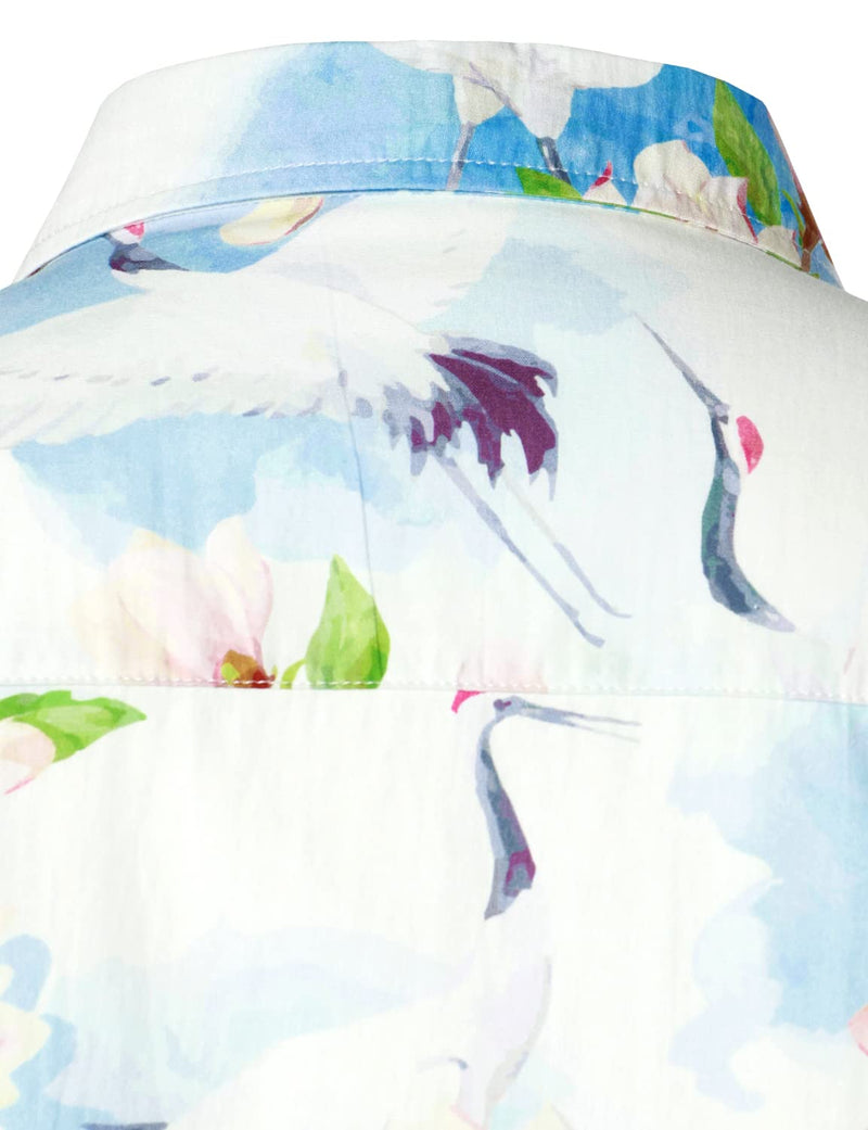 Men's Casual Pink Floral Crane Print Summer Button Up Short Sleeve Shirt