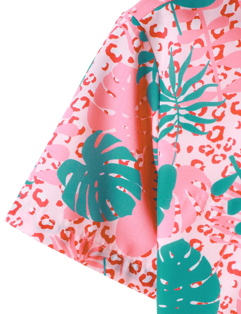 Men's Summer Tropical Plant Pink Leopard Animal Print Cheetah Casual Hawaiian Short Sleeve Shirt