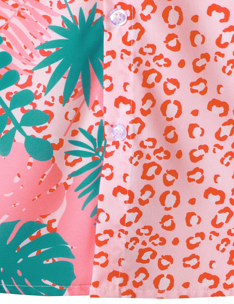 Men's Summer Tropical Plant Pink Leopard Animal Print Cheetah Casual Hawaiian Short Sleeve Shirt