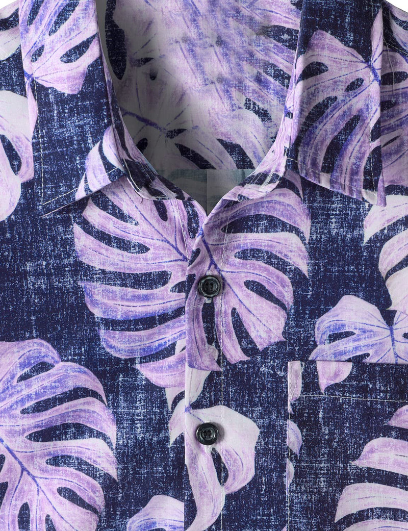 Men's Purple Hawaiian Casual Pocket Tropical Plant Print Button Up Beach Short Sleeve Shirt