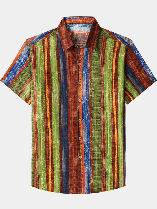 Men’s Vintage Boho Striped Cotton Lightweight Breathable Cool Summer Holiday Short Sleeve Shirt