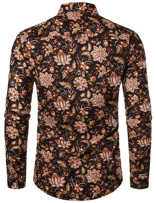 Men's Vintage Floral Cotton Breathable Retro Flower Button Long Sleeve Dress Shirt