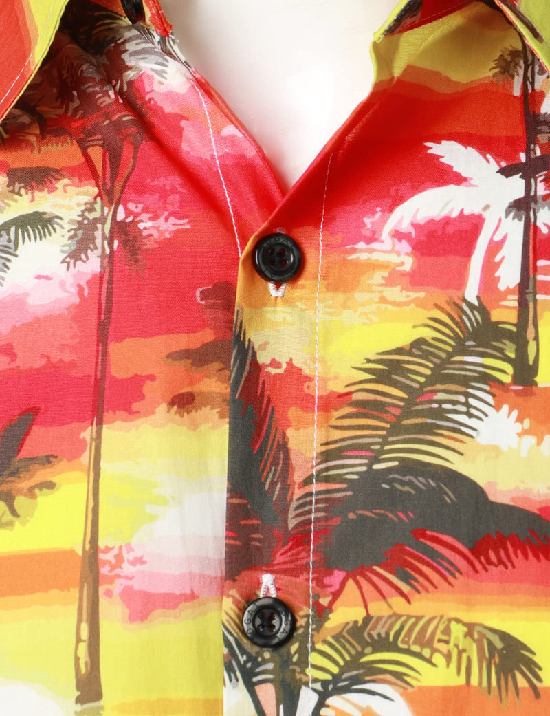 Men's Cotton Red Hawaiian Holiday Tropical Palm Tree Floral Short Sleeve Beach Button Shirt