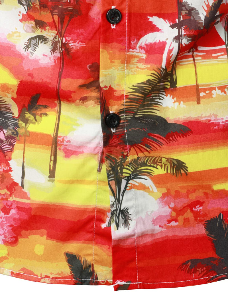 Men's Cotton Red Hawaiian Holiday Tropical Palm Tree Floral Short Sleeve Beach Button Shirt