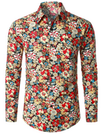 Men's Retro Floral Cotton Breathable Vintage Flower Button Long Sleeve Dress Shirt