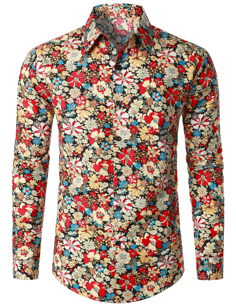 Men's Retro Floral Cotton Breathable Vintage Flower Button Long Sleeve Dress Shirt