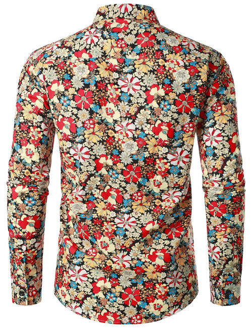Men's Retro Floral Cotton Breathable Vintage Flower Button Long Sleeve Dress Shirt
