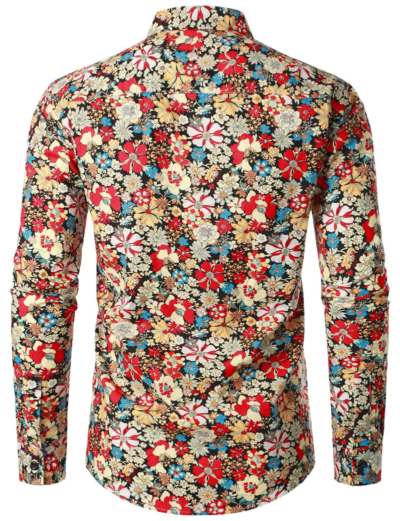 Men's Retro Floral Cotton Breathable Vintage Flower Button Long Sleeve Dress Shirt