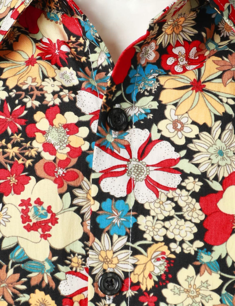Men's Retro Floral Cotton Breathable Vintage Flower Button Long Sleeve Dress Shirt