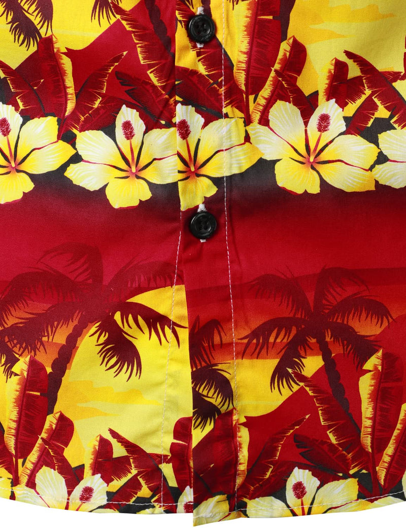 Men's Red Hawaiian Cotton Holiday Tropical Palm Tree Floral Short Sleeve Beach Button Shirt