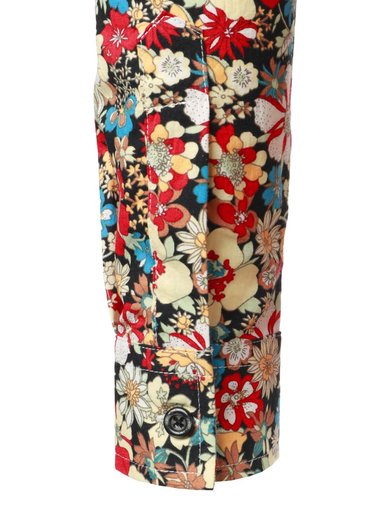 Men's Retro Floral Cotton Breathable Vintage Flower Button Long Sleeve Dress Shirt