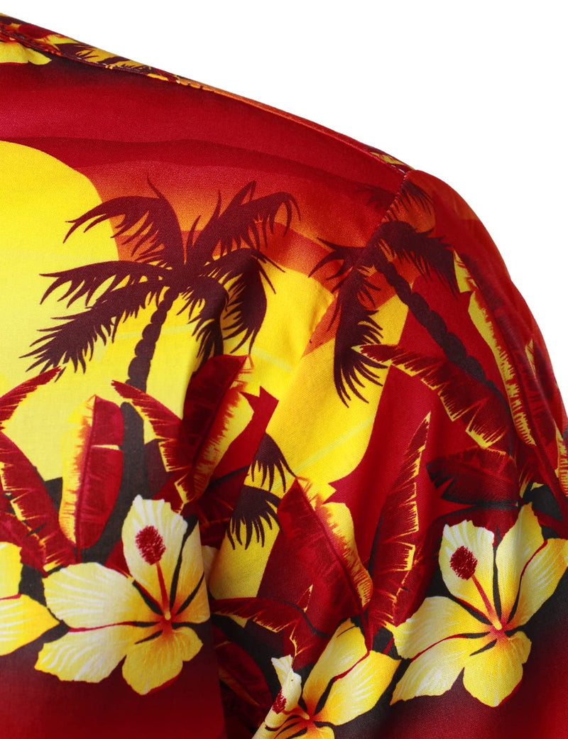 Men's Red Hawaiian Cotton Holiday Tropical Palm Tree Floral Short Sleeve Beach Button Shirt