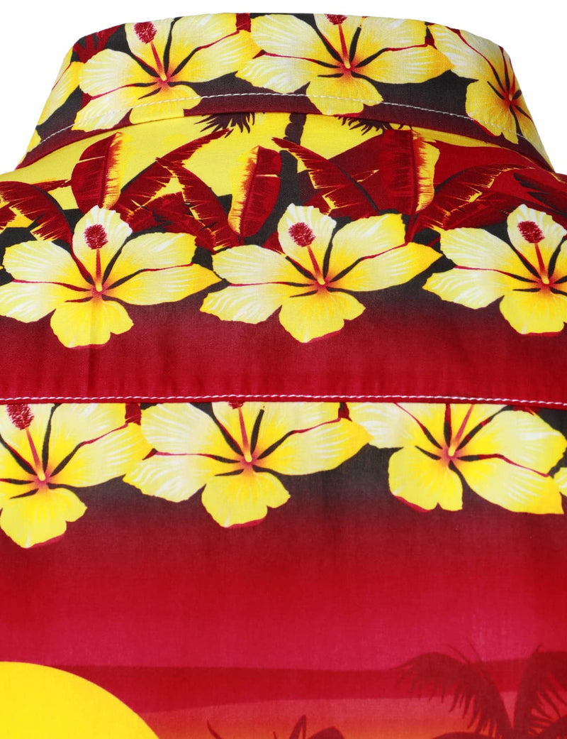 Men's Red Hawaiian Cotton Holiday Tropical Palm Tree Floral Short Sleeve Beach Button Shirt
