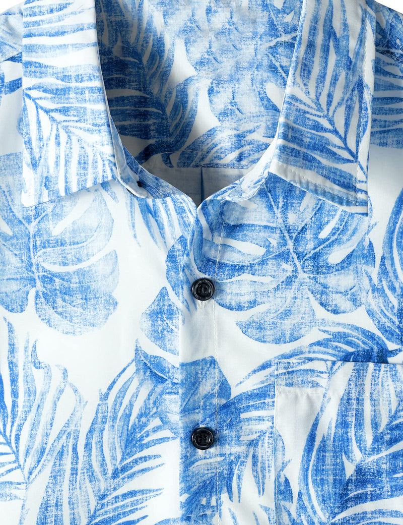 Men's Blue Hawaiian Casual Pocket Tropical Plant Print Vacation Button Short Sleeve Shirt