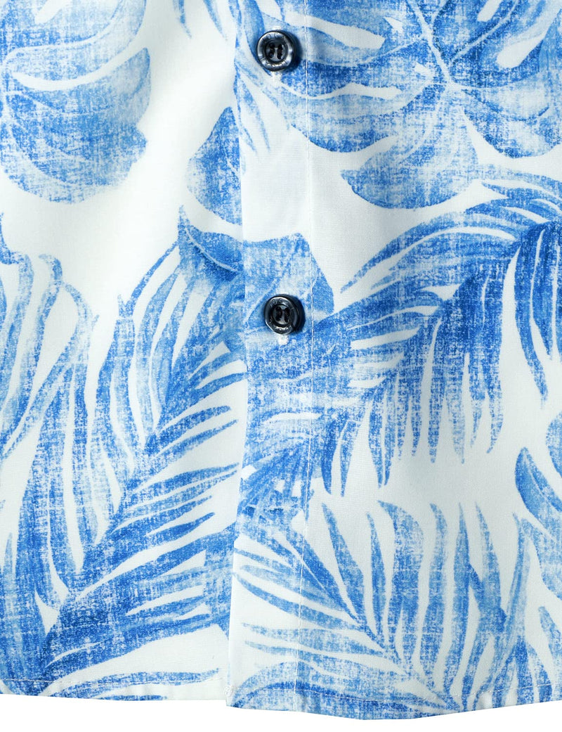 Men's Blue Hawaiian Casual Pocket Tropical Plant Print Vacation Button Short Sleeve Shirt