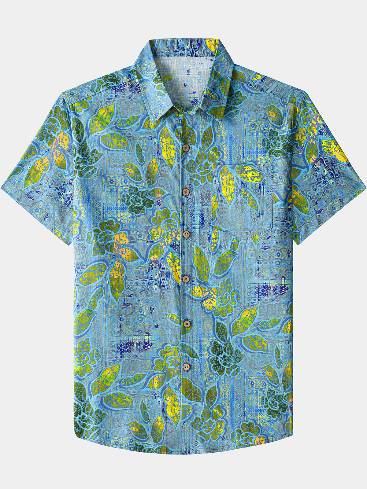 Men’s Camp Barbecue Retro Leaf Pattern Cotton Short Sleeve Breathable Shirt