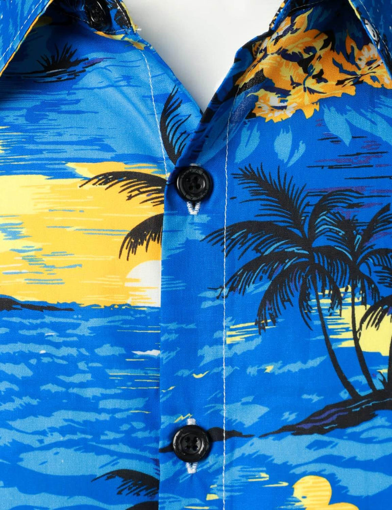 Men's Blue Hawaiian Cotton Beach Summer Holiday Tropical Button Up Short Sleeve Shirt
