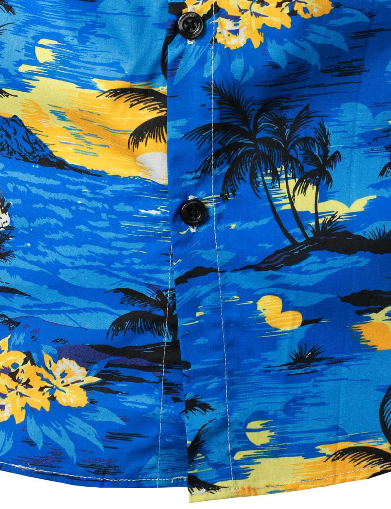 Men's Blue Hawaiian Cotton Beach Summer Holiday Tropical Button Up Short Sleeve Shirt
