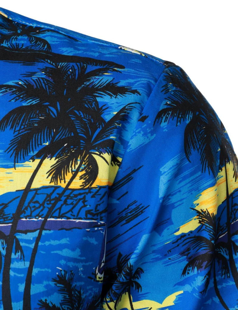 Men's Blue Hawaiian Cotton Beach Summer Holiday Tropical Button Up Short Sleeve Shirt