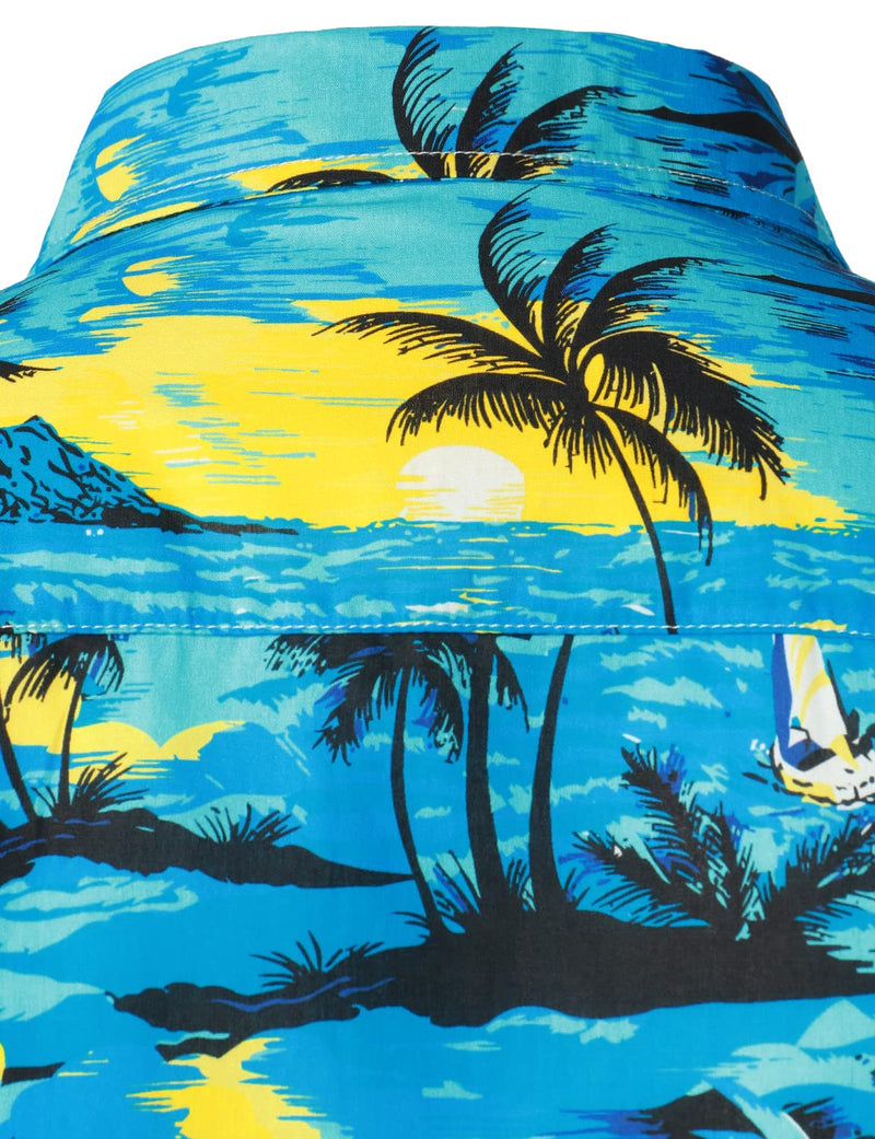 Men's Blue Hawaiian Cruise Tropical Island Vacation Summer Short Sleeve Cotton Shirt