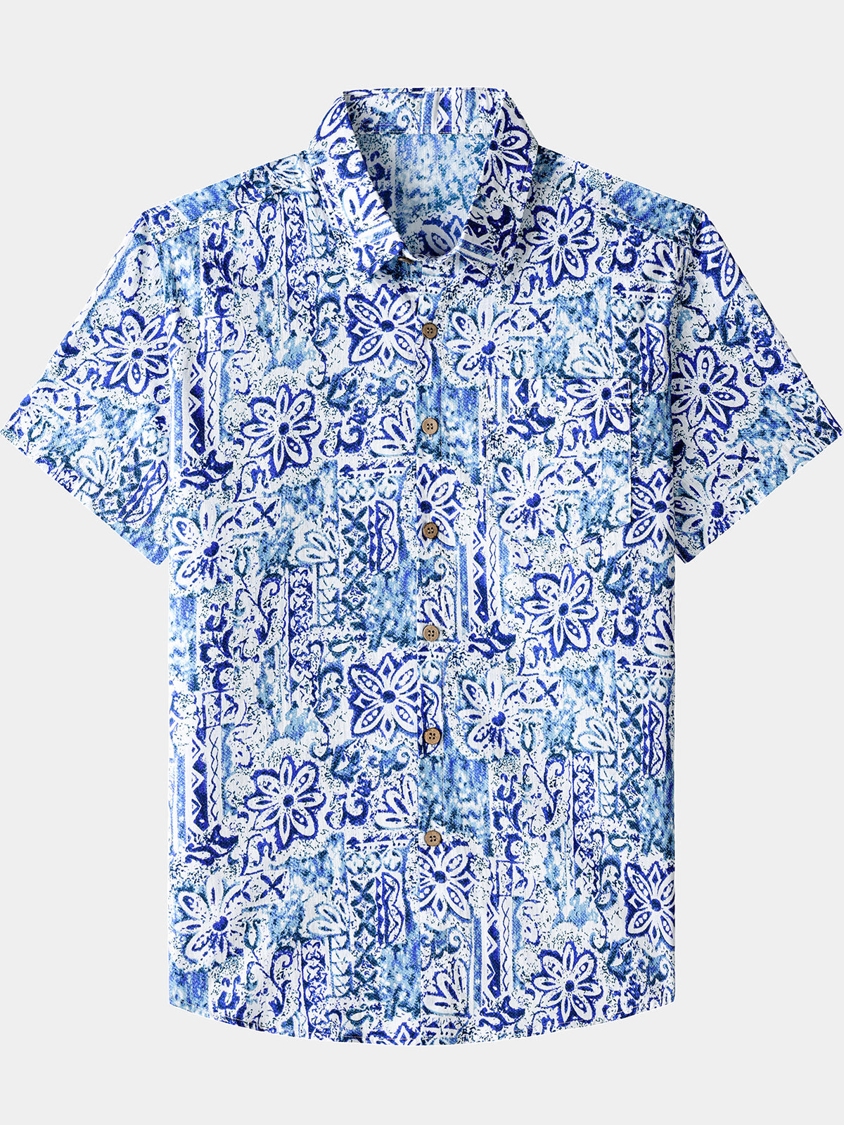 Men’s Hawaiian Geometric Floral Cotton Breathable Cool Resort Vacation Short Sleeve Shirt