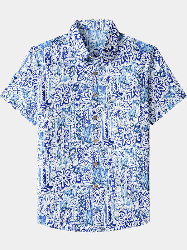 Men’s Hawaiian Geometric Floral Cotton Breathable Cool Resort Vacation Short Sleeve Shirt