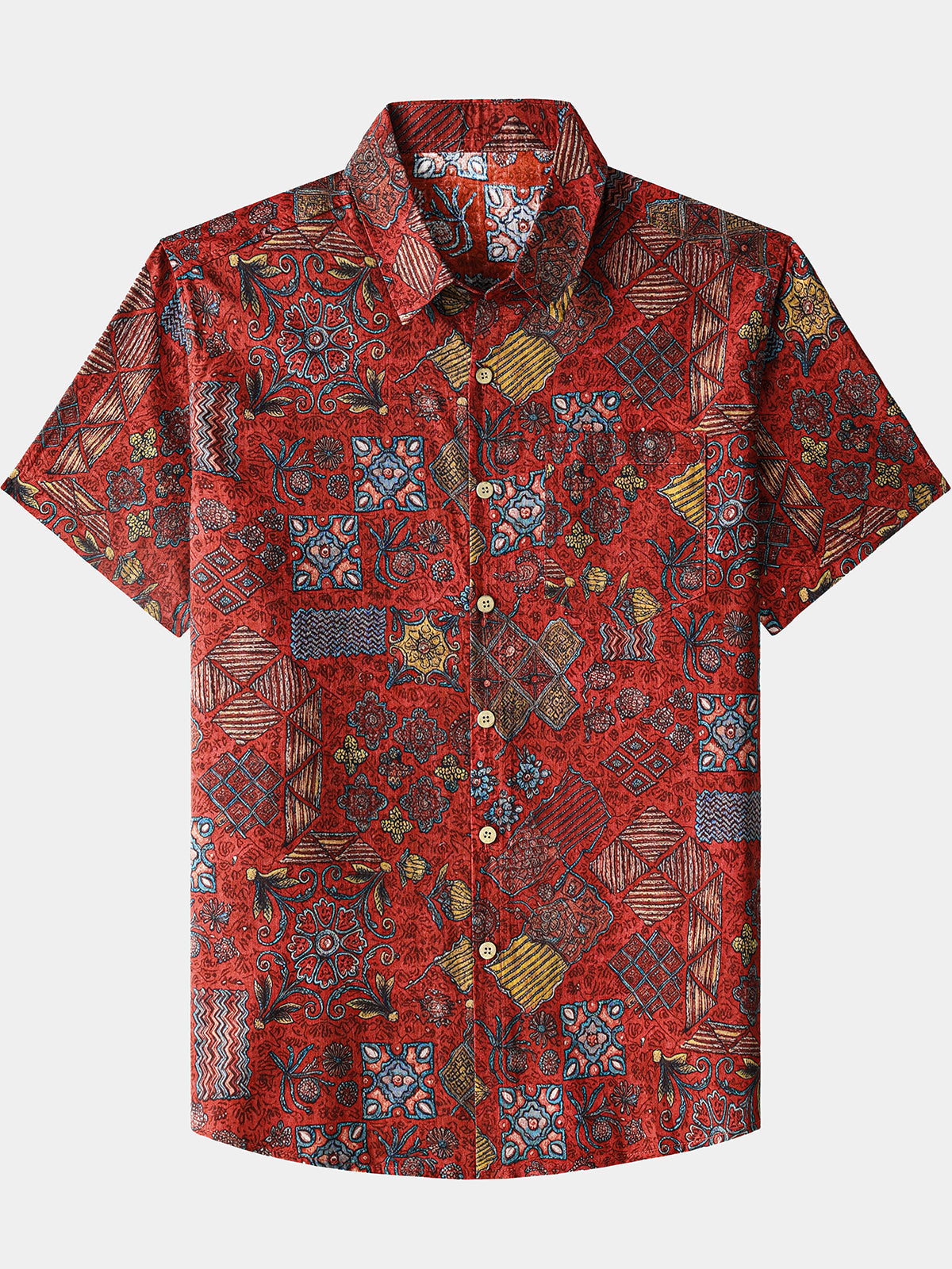 Men’s Short Sleeve Cotton Retro Red Geometric Patchwork Shirt