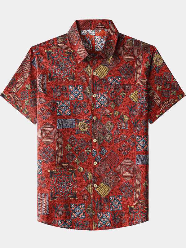 Men’s Short Sleeve Cotton Retro Red Geometric Patchwork Shirt