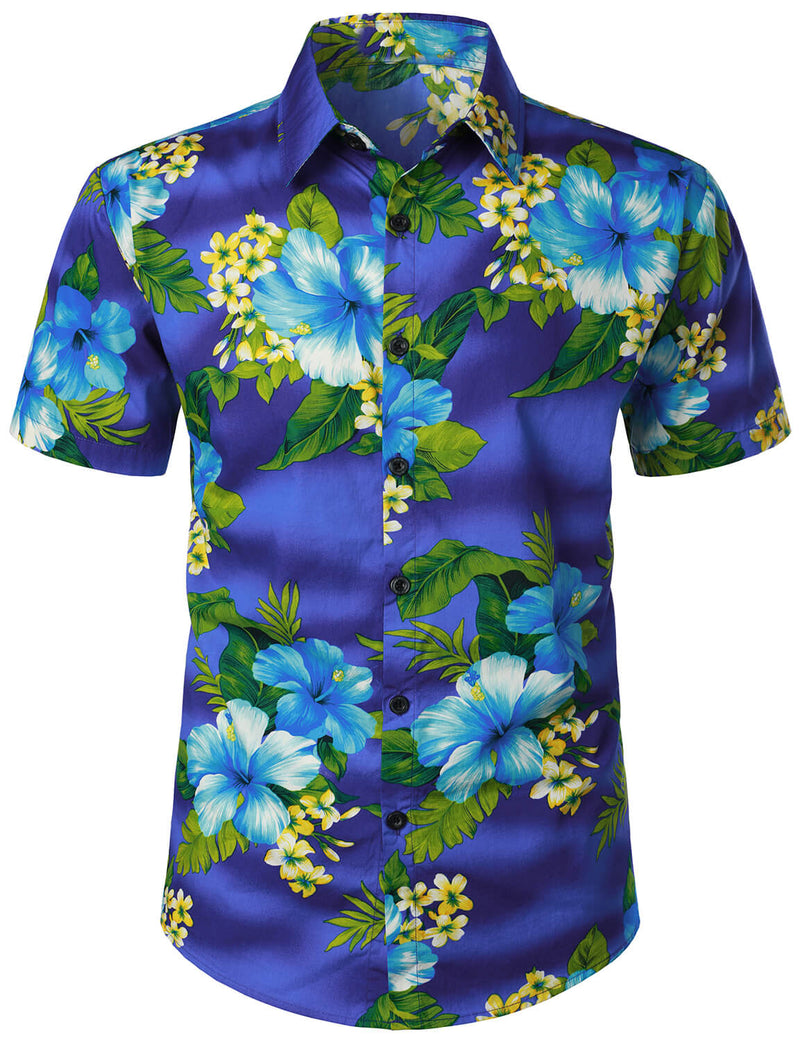 Men's Dark Blue Hawaiian Short Sleeve Cotton Summer Beach Aloha Floral Hibiscus Flower Button Up Shirt