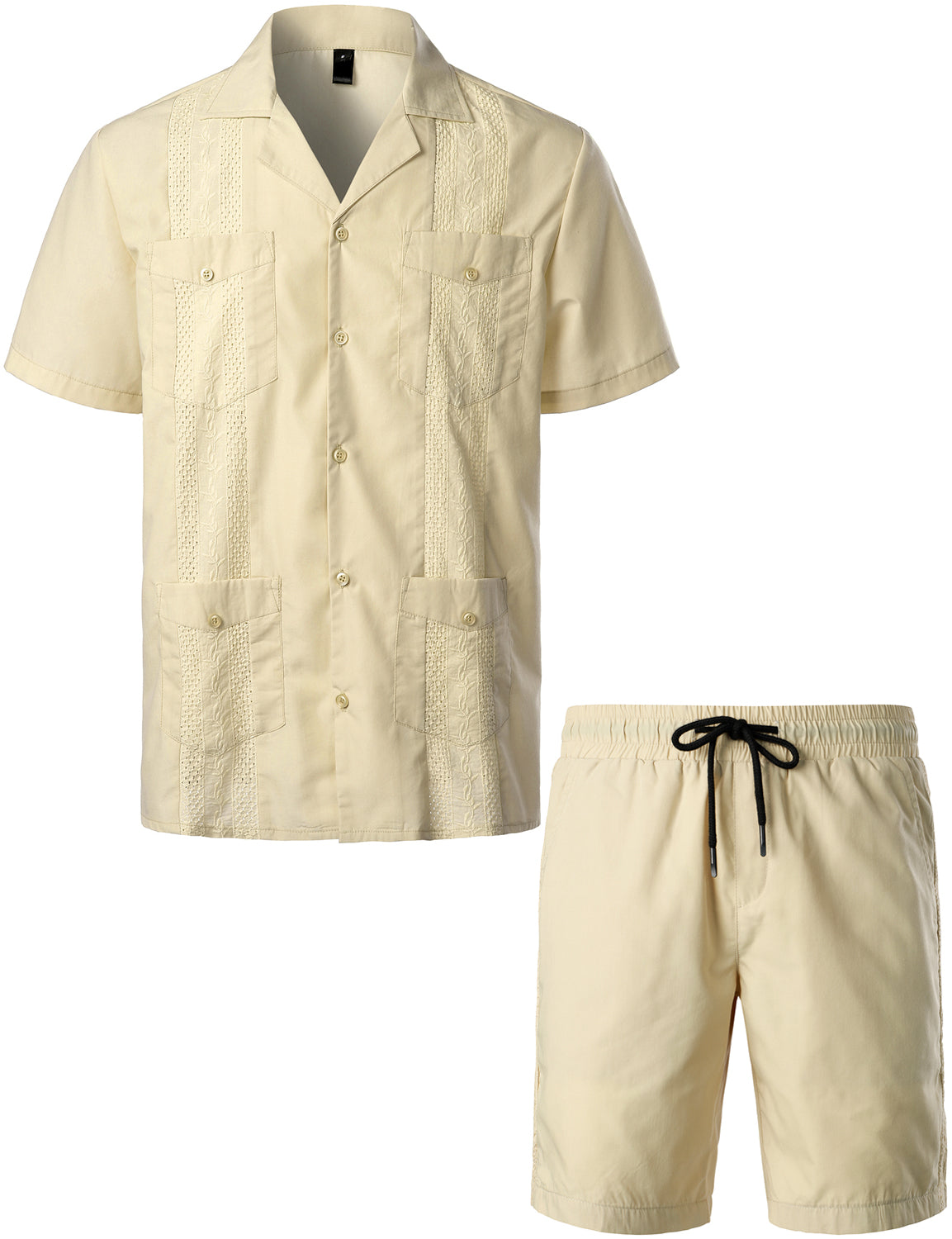 Men's Plus Size Short Sleeve Button Down Cuban Guayabera Matching Shirt and Shorts Set