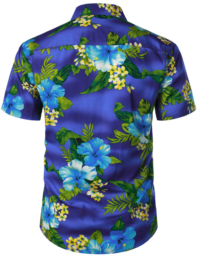 Men's Dark Blue Hawaiian Short Sleeve Cotton Summer Beach Aloha Floral Hibiscus Flower Button Up Shirt