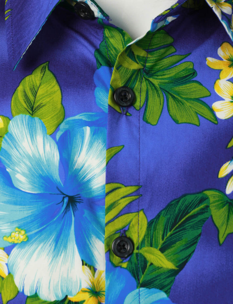 Men's Dark Blue Hawaiian Short Sleeve Cotton Summer Beach Aloha Floral Hibiscus Flower Button Up Shirt