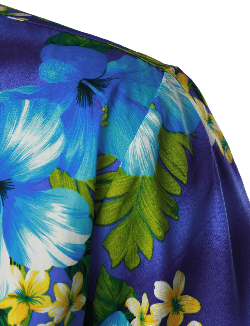 Men's Dark Blue Hawaiian Short Sleeve Cotton Summer Beach Aloha Floral Hibiscus Flower Button Up Shirt