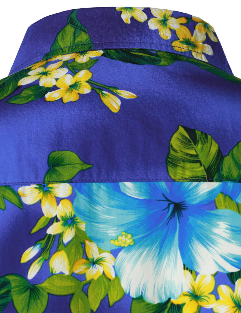Men's Dark Blue Hawaiian Short Sleeve Cotton Summer Beach Aloha Floral Hibiscus Flower Button Up Shirt