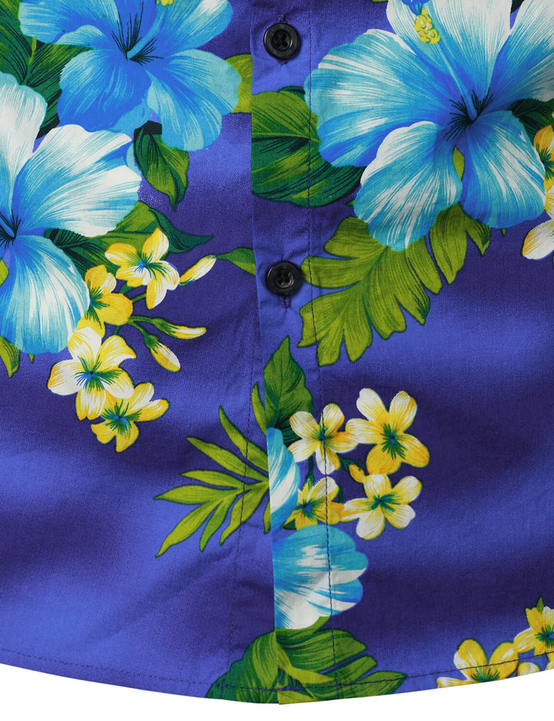 Men's Dark Blue Hawaiian Short Sleeve Cotton Summer Beach Aloha Floral Hibiscus Flower Button Up Shirt