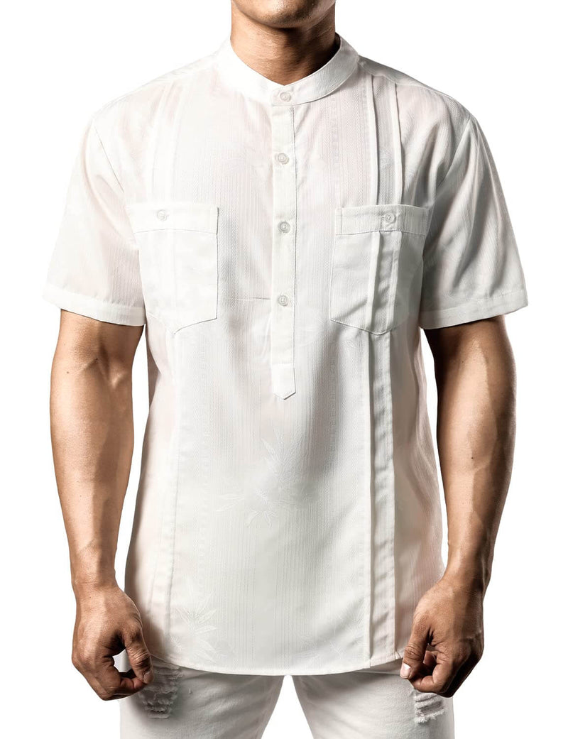 Men's Casual Summer Floral Jacquard Henley Pocket Vacation Hawaiian Short Sleeve Shirt
