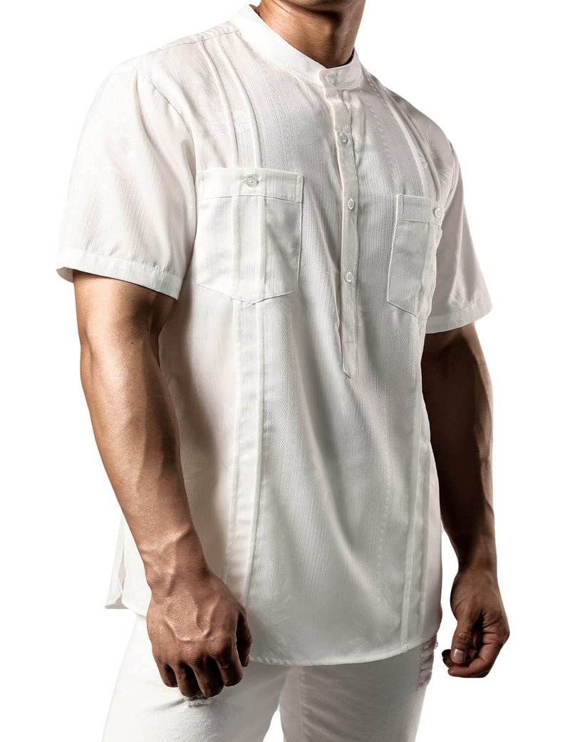 Men's Casual Summer Floral Jacquard Henley Pocket Vacation Hawaiian Short Sleeve Shirt