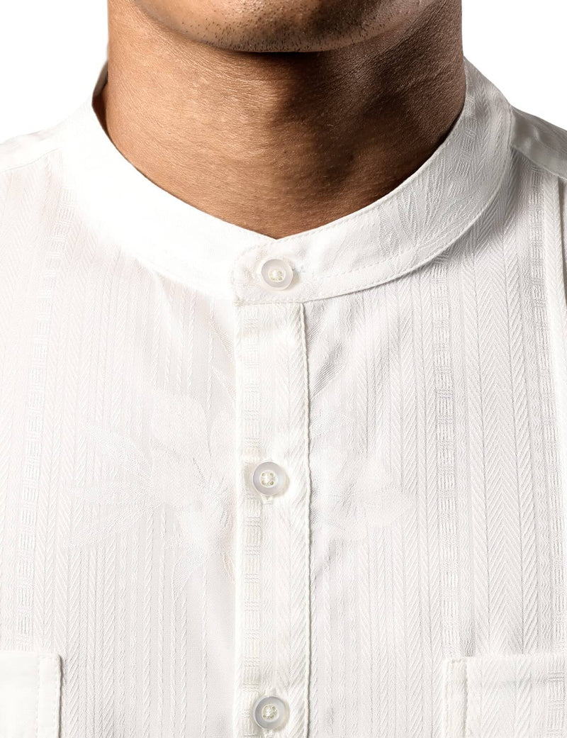 Men's Casual Summer Floral Jacquard Henley Pocket Vacation Hawaiian Short Sleeve Shirt