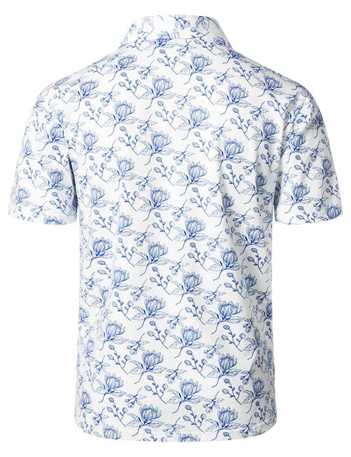 Men's Floral Print White Cotton Golf Short Sleeve Sports Polo Shirt