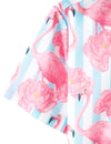 Men's Blue and White Striped Floral Pink Flamingo Print Summer Beach Funny Hawaiian Short Sleeve Shirt