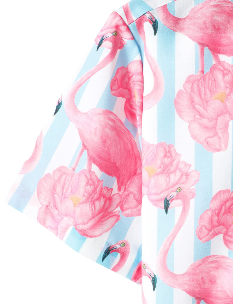 Men's Blue and White Striped Floral Pink Flamingo Print Summer Beach Funny Hawaiian Short Sleeve Shirt