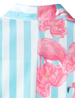 Men's Blue and White Striped Floral Pink Flamingo Print Summer Beach Funny Hawaiian Short Sleeve Shirt